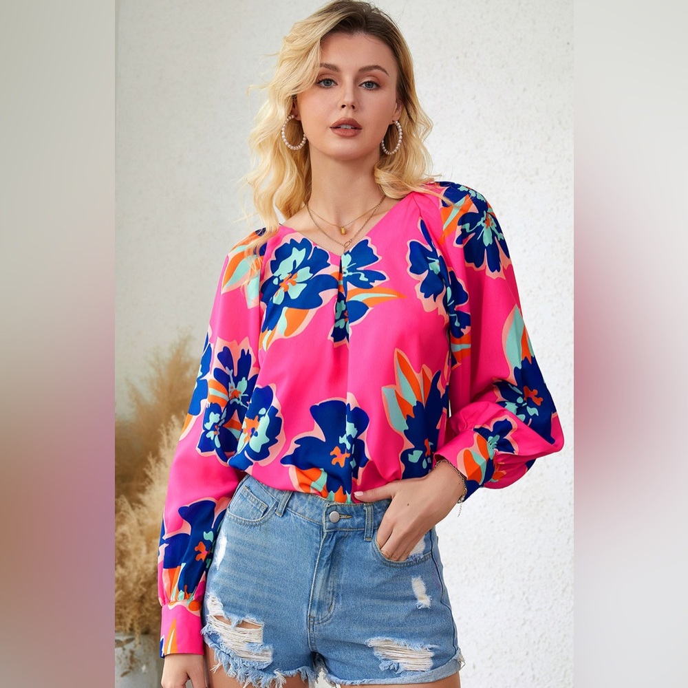 ENTRO Floral Hot Pink Satin Blouse - Picture 2 of 11